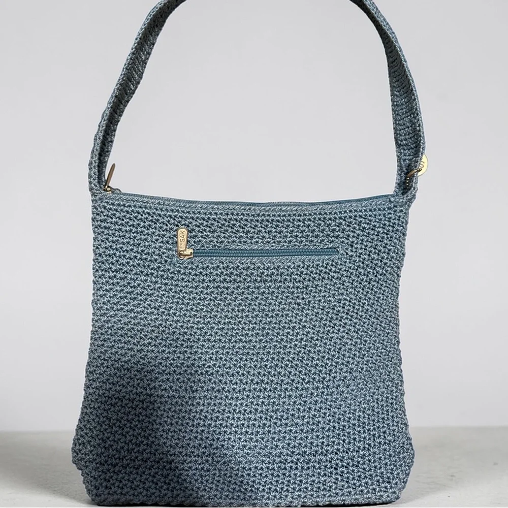 The Sak Blue Crochet Knit Shoulder Bag | Boho Casual Zip Pocket - Picture 2 of 5